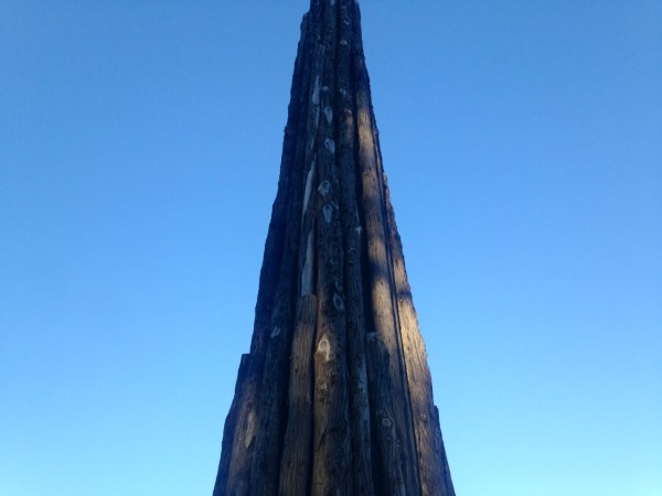 The SPIRE sculpture by Andy Goldsworthy at the Presidio. Constructed in 2008 near the Arguello Gate, West of Inspiration Point, it is comprised of 38 cypress trunks arranged together, like a bunch of pencils facing up the sky. Its tallest trunk is 90 feet and can be seen from the surrounding trails.  Photo by Lupita Peimbert @ 2015. 