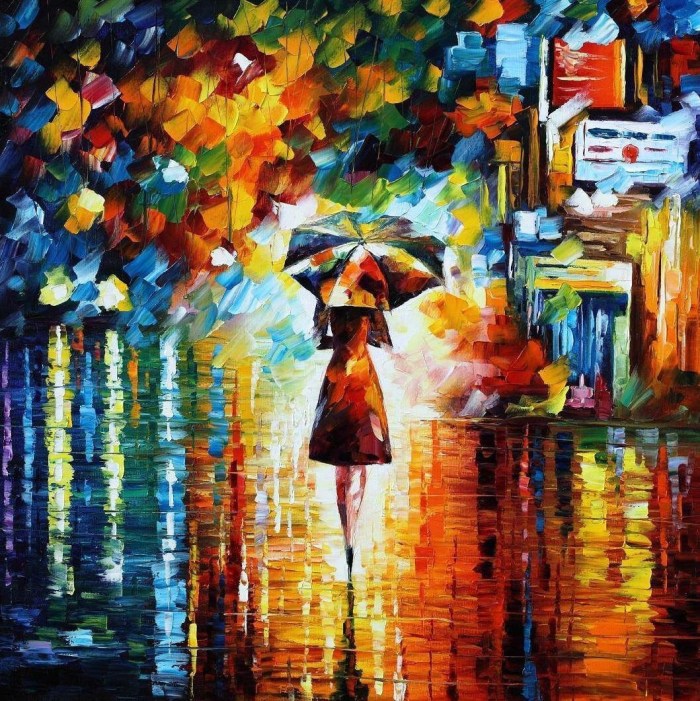 A woman walking alone with an umbrella.